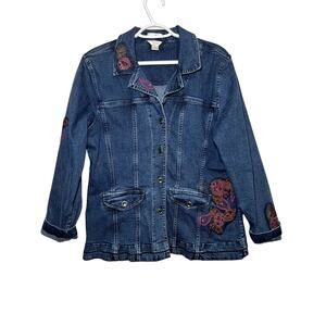Christopher & Banks stretch floral embroidered denim jacket womens large y2k‎